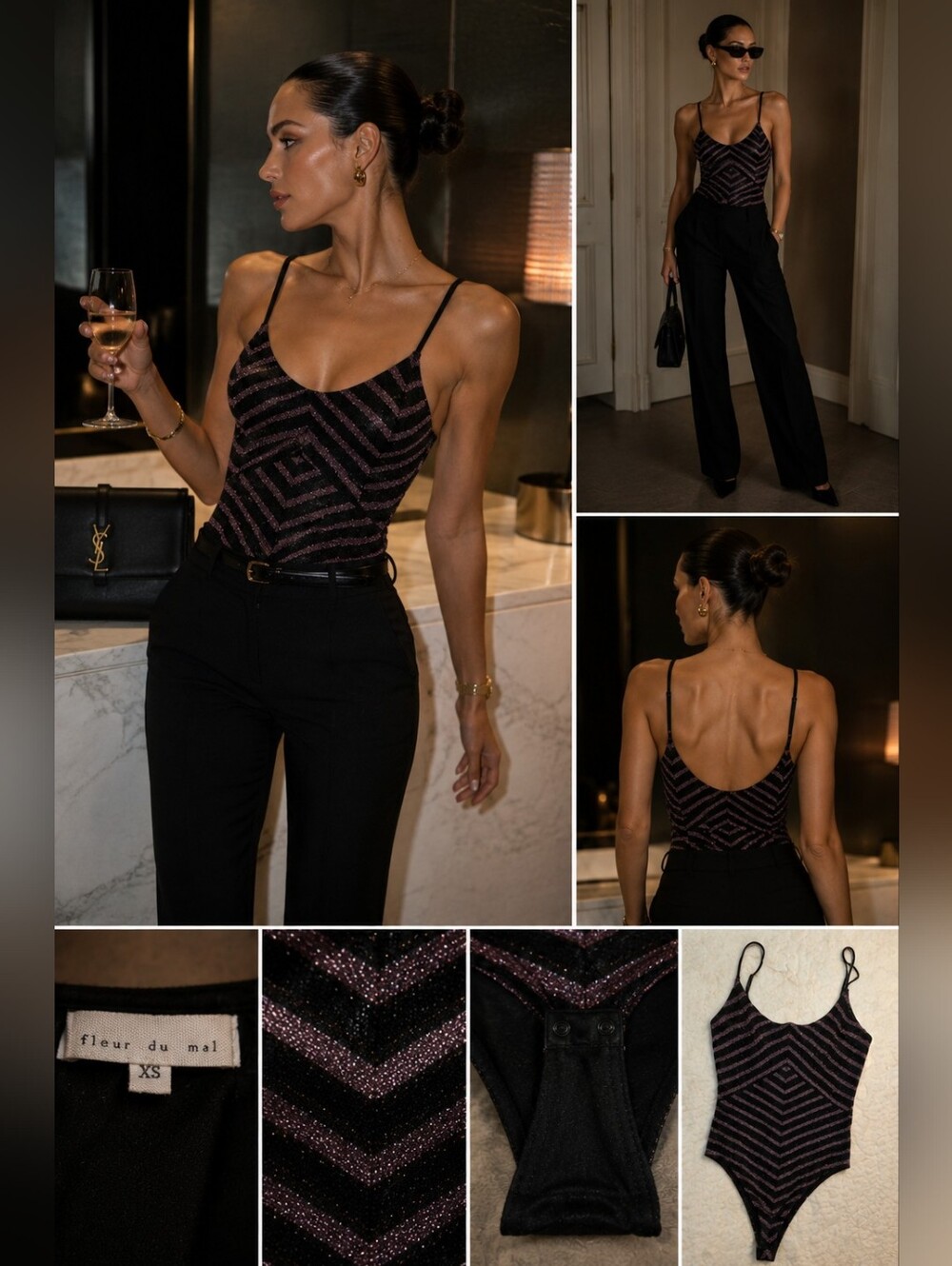 Fleur du Mal Metallic Lurex Chevron Bodysuit | Black & Pink | XS